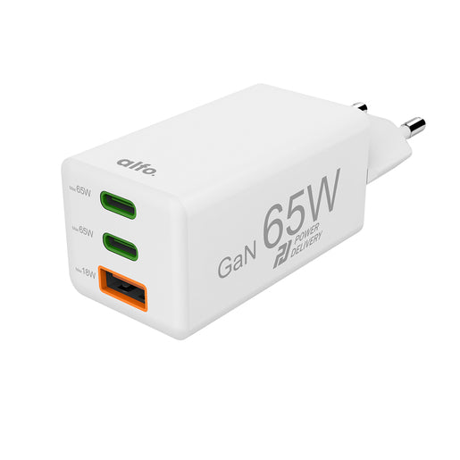 alfo. Mini Charger GaN weiß 65 W, PD, 2x USB-C + 1x USB-A, Schnellladegerät
