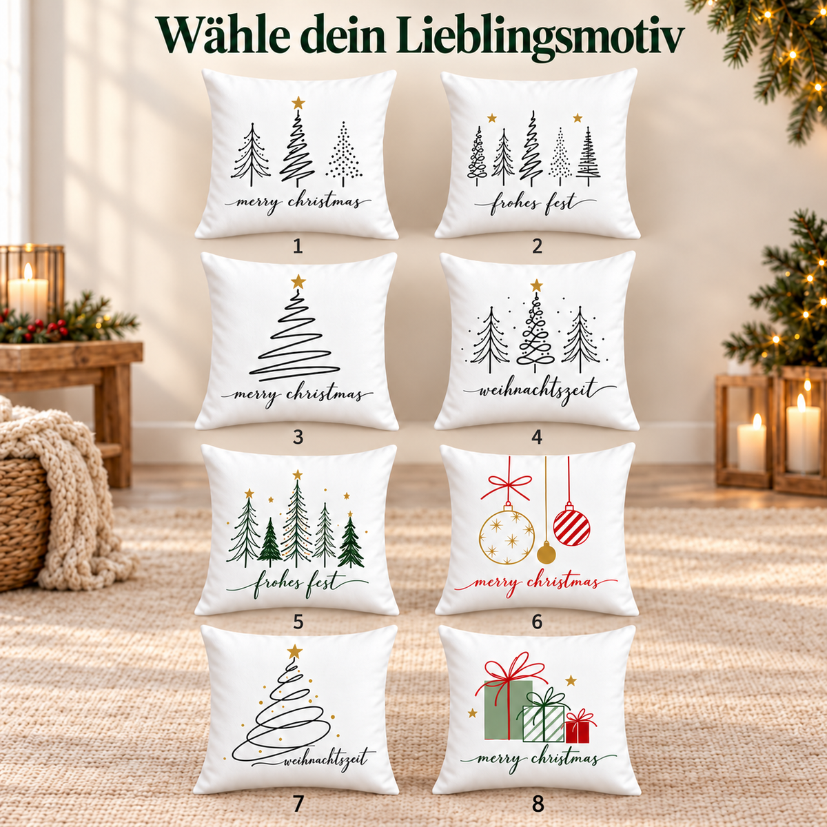Weihnachtskissen 40x40 cm – 8 moderne Tannen & Weihnachtsmotive, Kissenbezug mit oder ohne Füllung