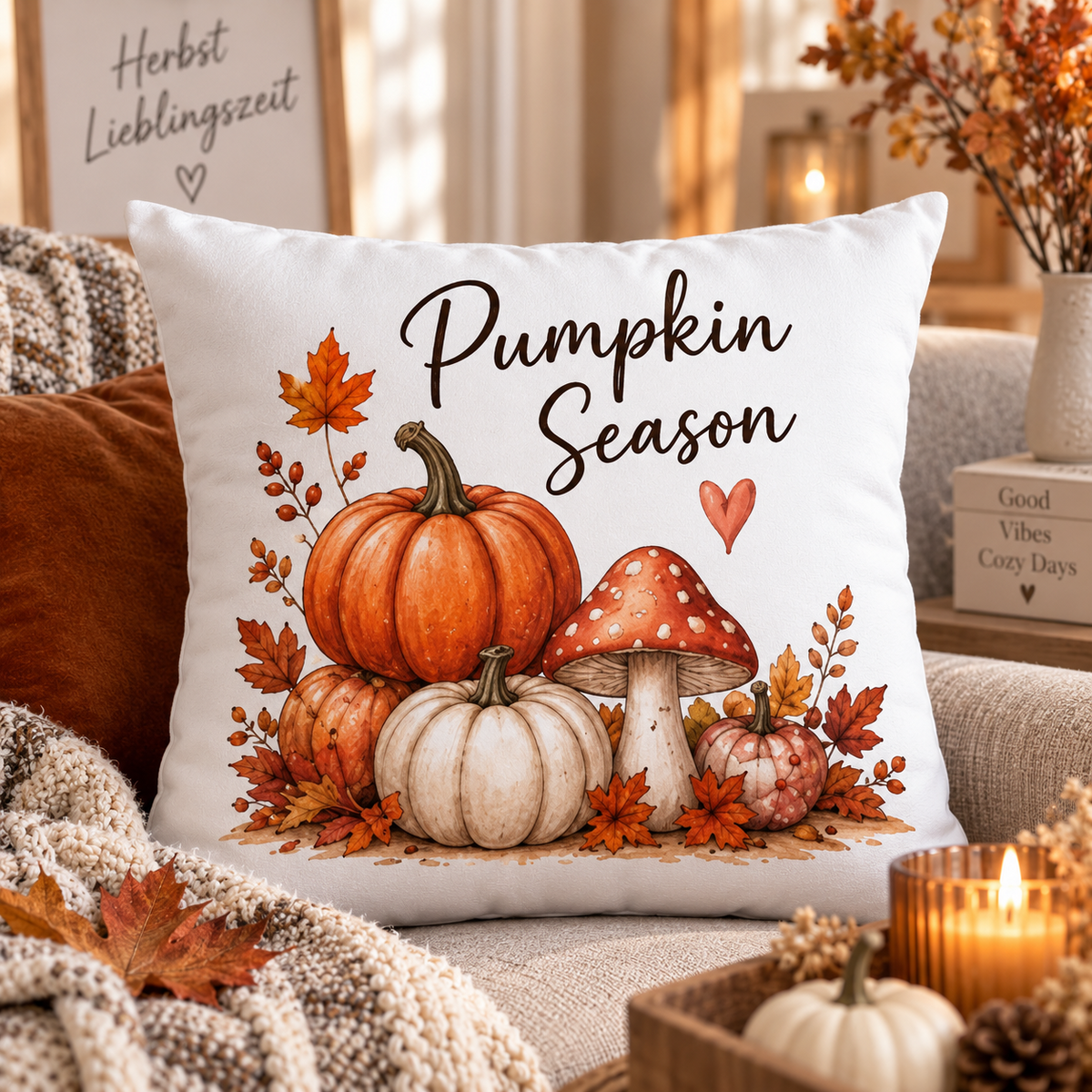 Pumpkin Season Herbst Kissen – Dekokissen 40x40 cm mit Kürbissen & Pilzen, Herbstdeko