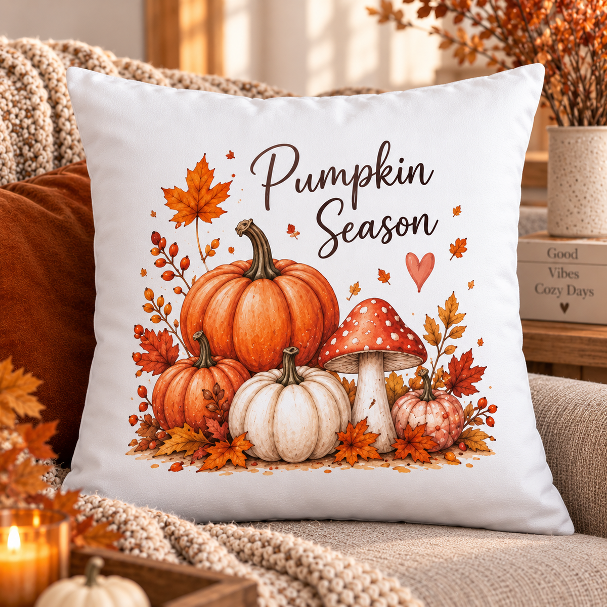 Pumpkin Season Herbst Kissen – Dekokissen 40x40 cm mit Kürbissen & Pilzen, Herbstdeko