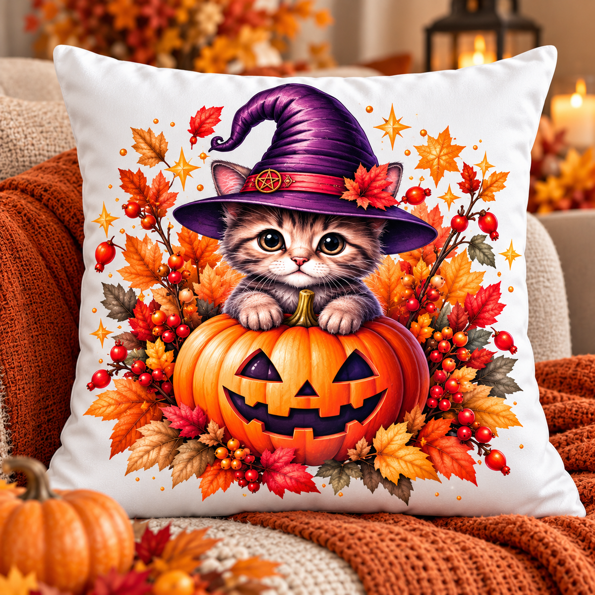 Halloween Kissen Katze 40x40 cm – Dekokissen mit Kürbis & Hexenhut, Herbstdeko