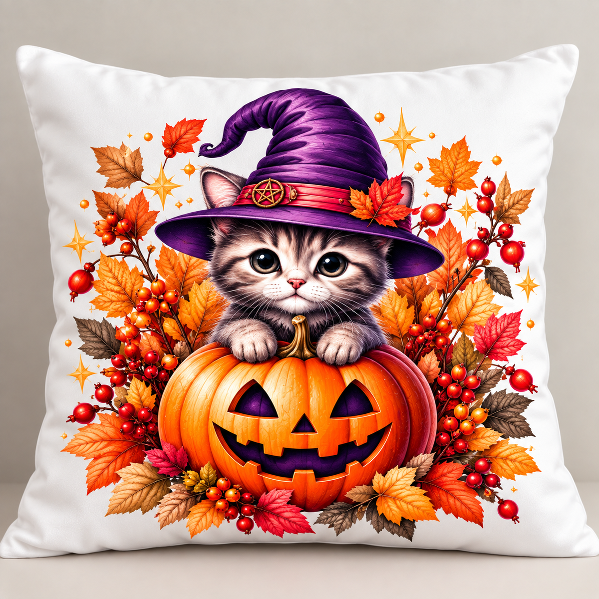 Halloween Kissen Katze 40x40 cm – Dekokissen mit Kürbis & Hexenhut, Herbstdeko
