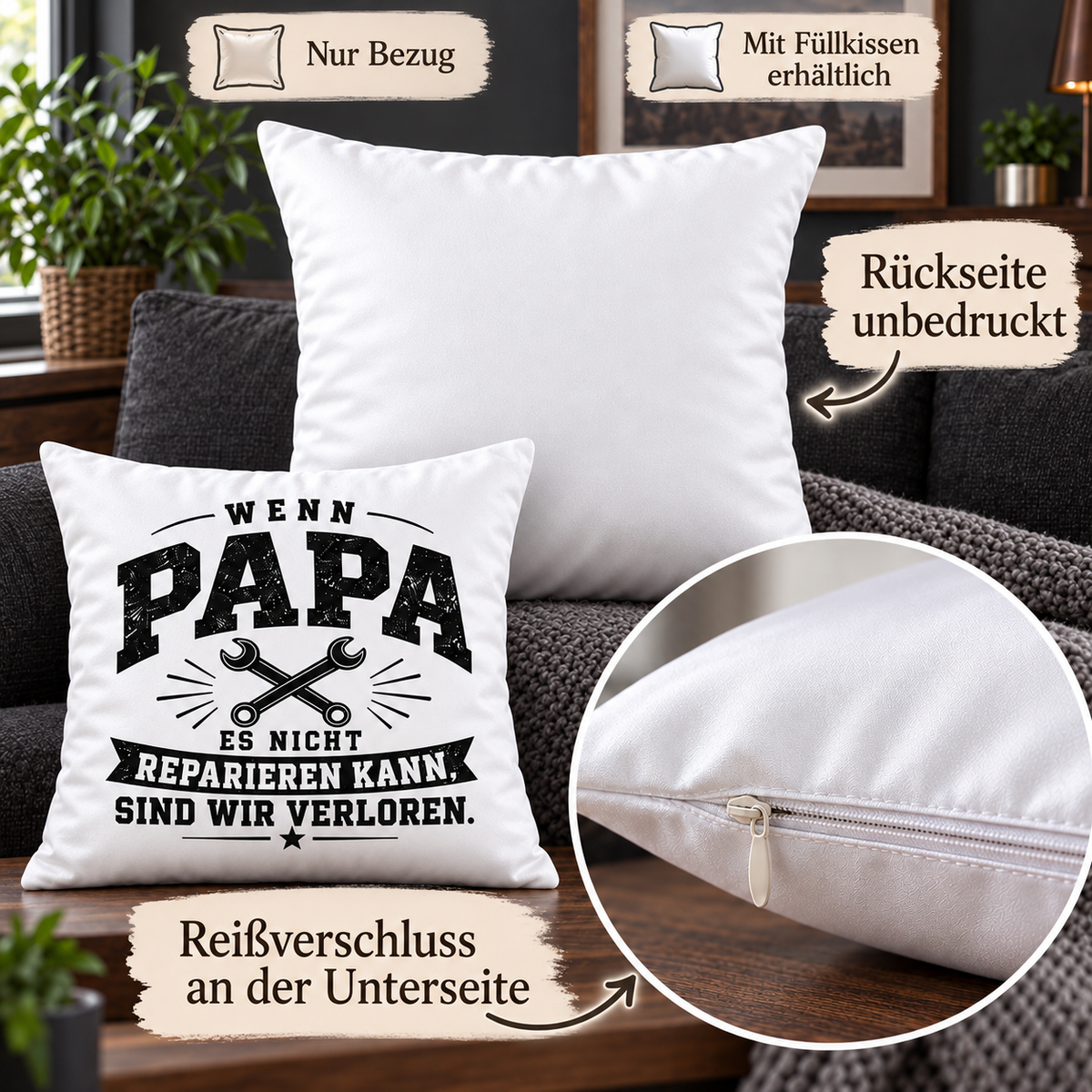 Papa Geschenk – Lustiges Kissen für Heimwerker | Wenn Papa es nicht reparieren kann | Dekokissen 40x40 cm | Vatertag & Geburtstag