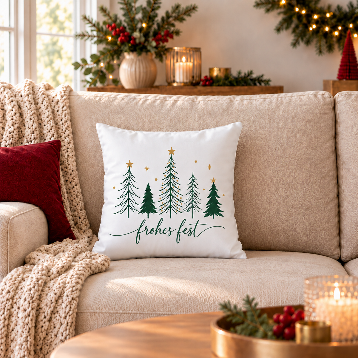 Weihnachtskissen 40x40 cm – 8 moderne Tannen & Weihnachtsmotive, Kissenbezug mit oder ohne Füllung