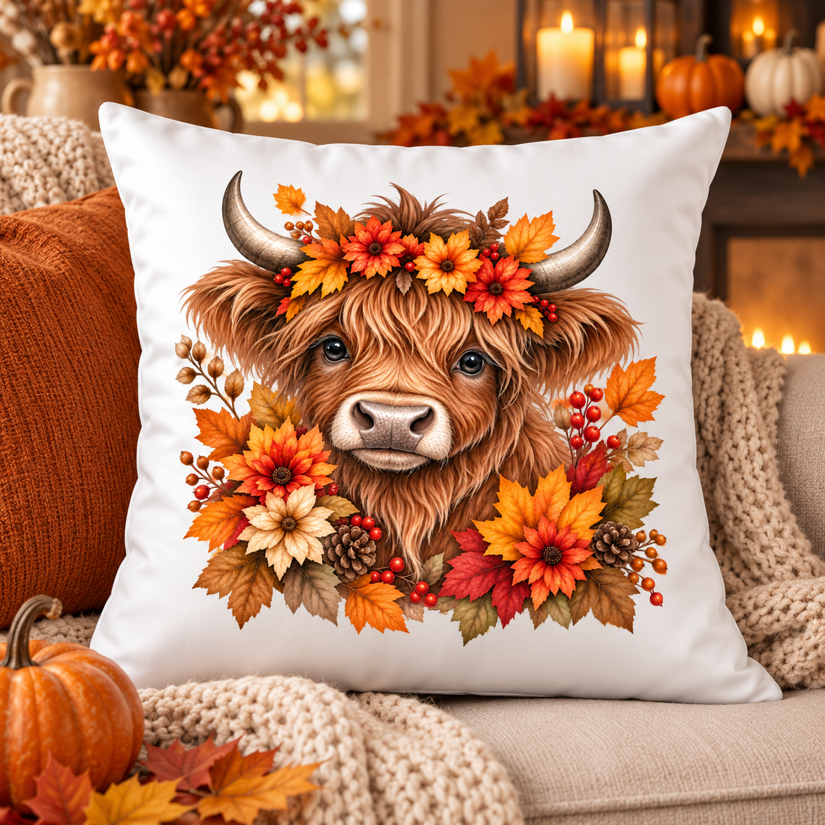 Highland Cow Herbst Kissen 40x40 cm – Dekokissen mit Blumenkranz