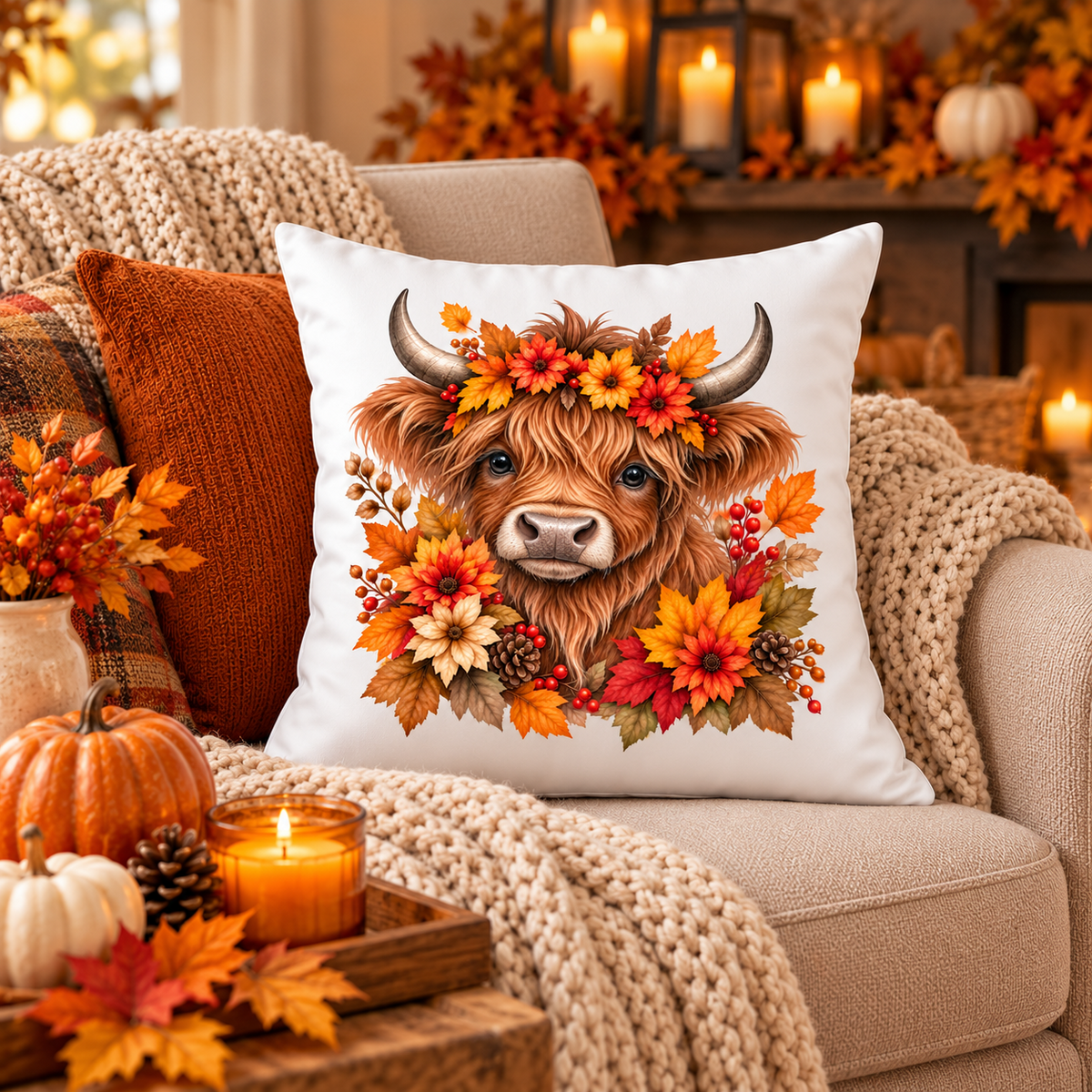 Highland Cow Herbst Kissen 40x40 cm – Dekokissen mit Blumenkranz