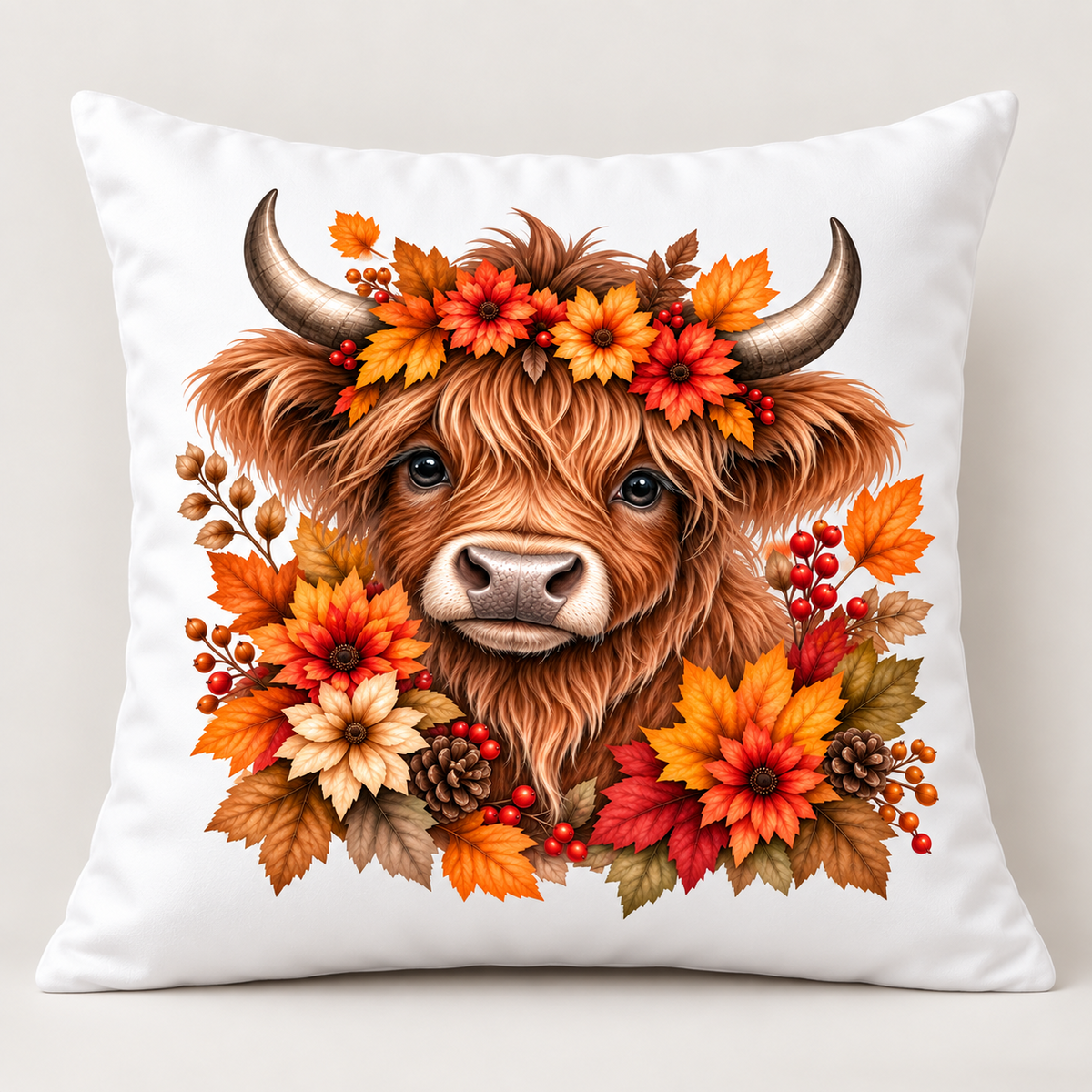 Highland Cow Herbst Kissen 40x40 cm – Dekokissen mit Blumenkranz