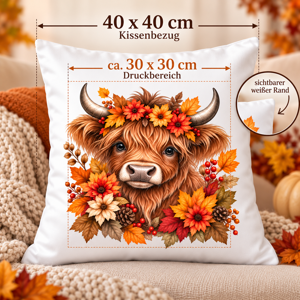 Highland Cow Herbst Kissen 40x40 cm – Dekokissen mit Blumenkranz