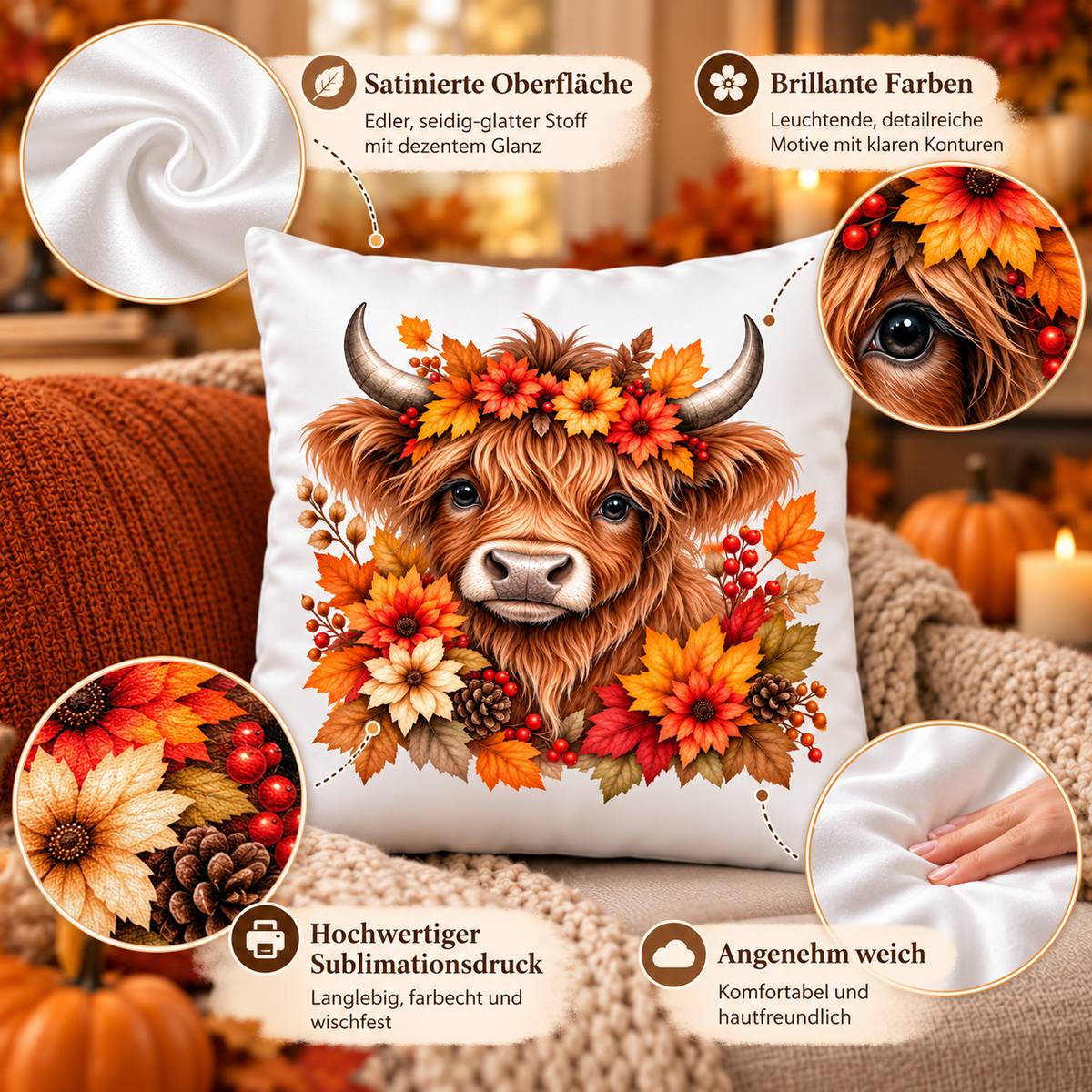 Highland Cow Herbst Kissen 40x40 cm – Dekokissen mit Blumenkranz