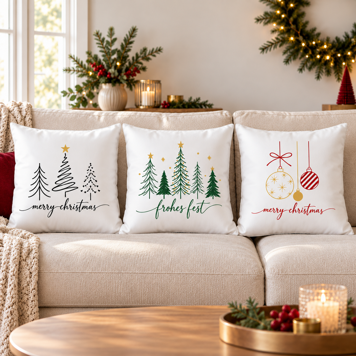 Weihnachtskissen 40x40 cm – 8 moderne Tannen & Weihnachtsmotive, Kissenbezug mit oder ohne Füllung