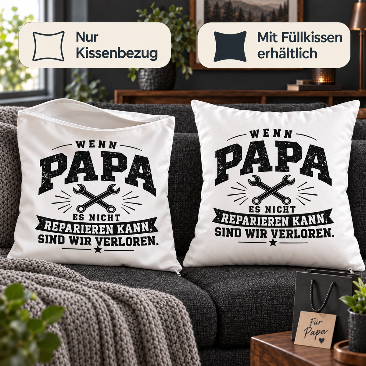 Papa Geschenk – Lustiges Kissen für Heimwerker | Wenn Papa es nicht reparieren kann | Dekokissen 40x40 cm | Vatertag & Geburtstag