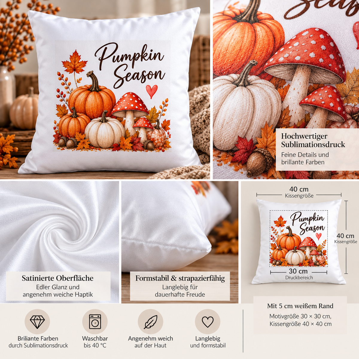 Pumpkin Season Herbst Kissen – Dekokissen 40x40 cm mit Kürbissen & Pilzen, Herbstdeko