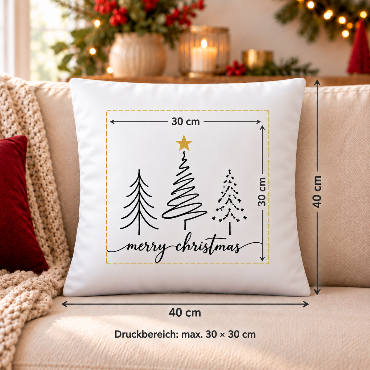 Weihnachtskissen 40x40 cm – 8 moderne Tannen & Weihnachtsmotive, Kissenbezug mit oder ohne Füllung