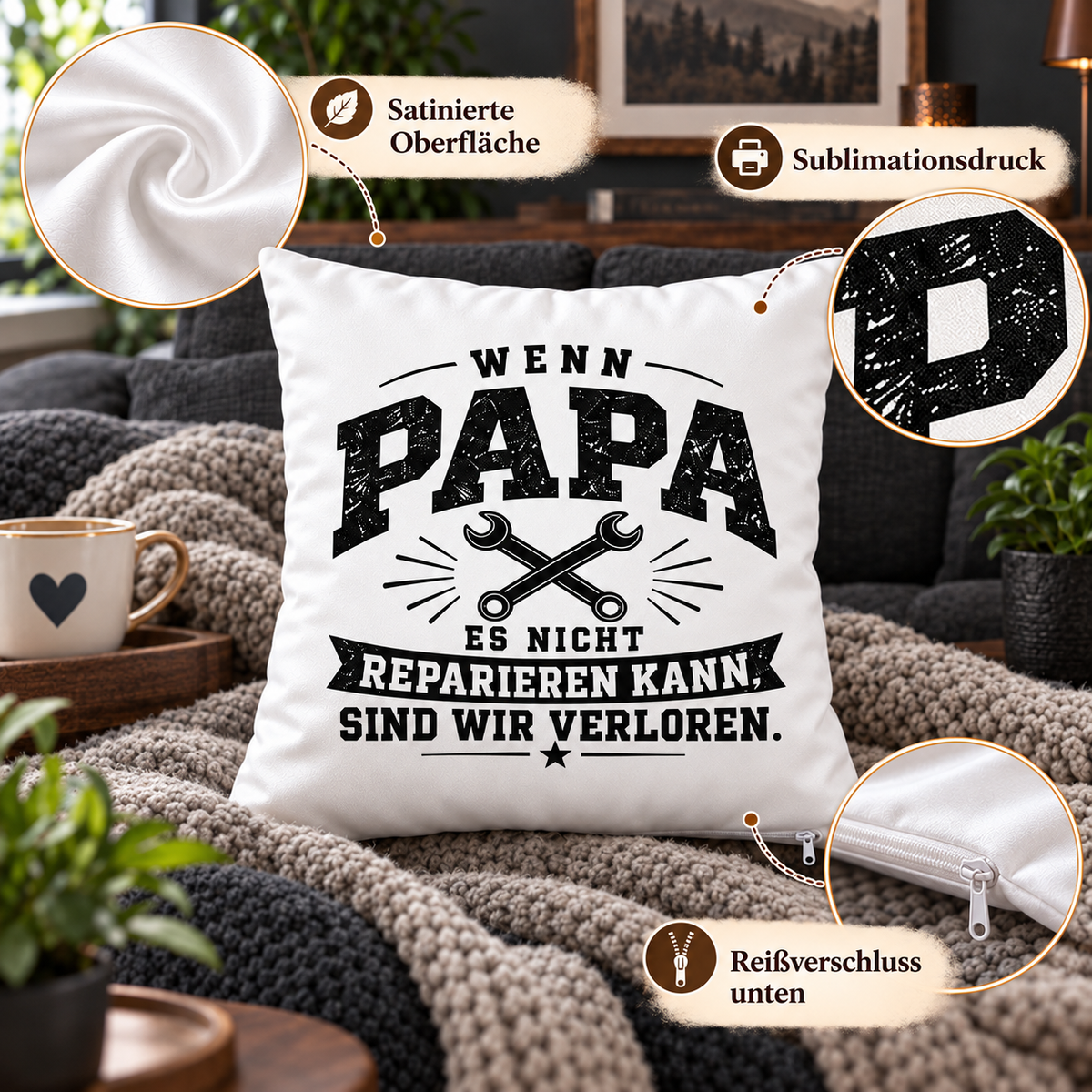 Papa Geschenk – Lustiges Kissen für Heimwerker | Wenn Papa es nicht reparieren kann | Dekokissen 40x40 cm | Vatertag & Geburtstag