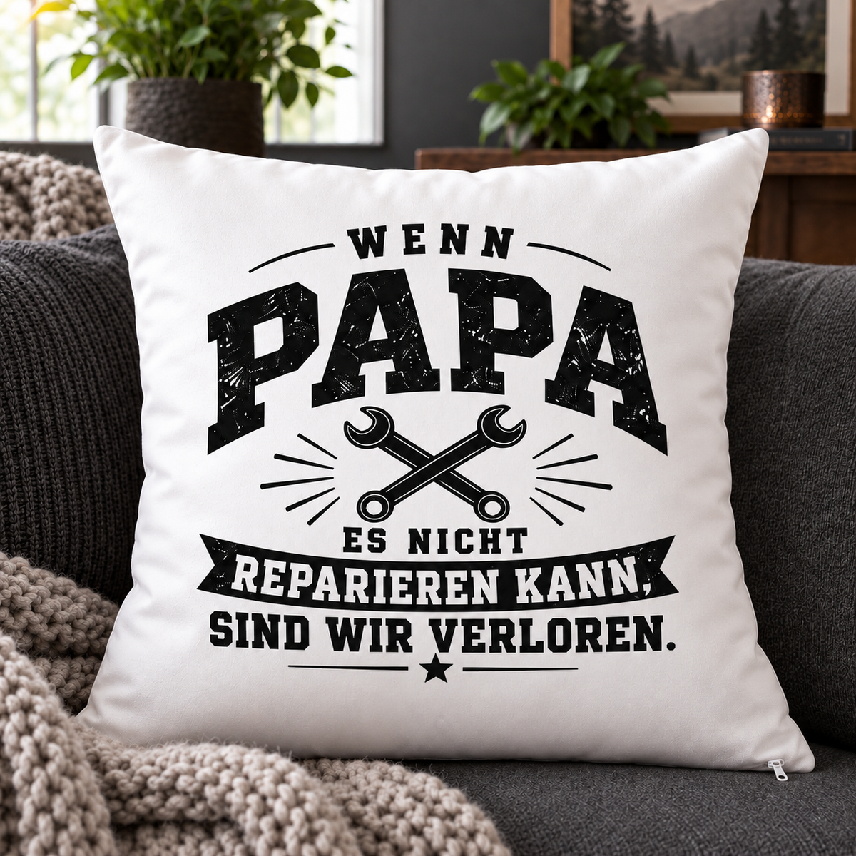 Papa Geschenk – Lustiges Kissen für Heimwerker | Wenn Papa es nicht reparieren kann | Dekokissen 40x40 cm | Vatertag & Geburtstag