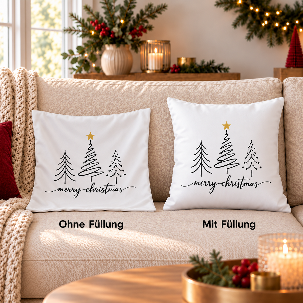 Weihnachtskissen 40x40 cm – 8 moderne Tannen & Weihnachtsmotive, Kissenbezug mit oder ohne Füllung