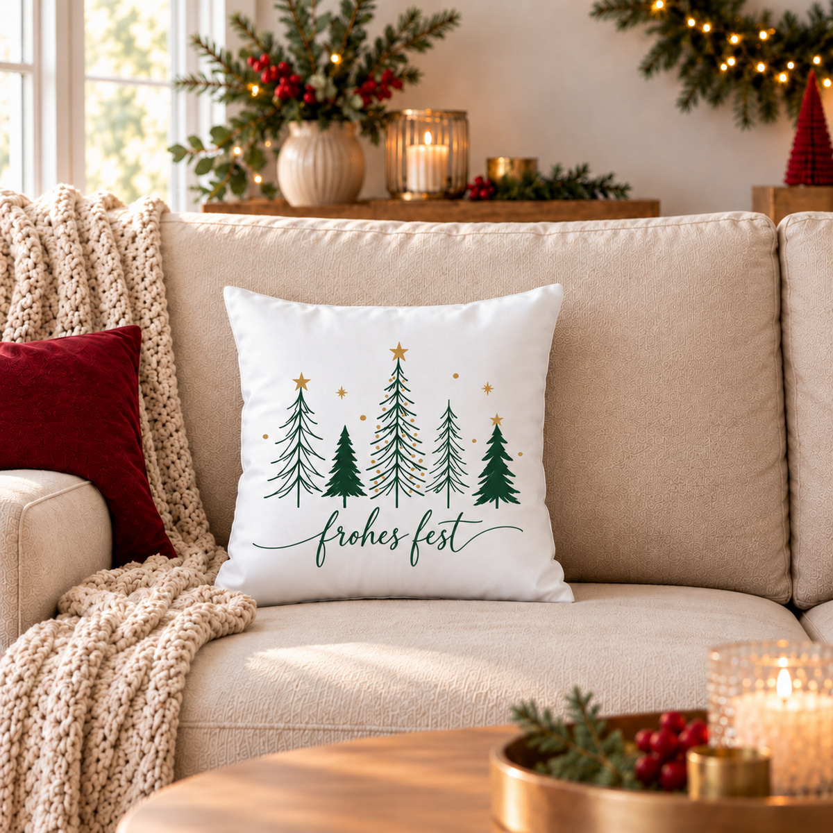Weihnachtskissen 40x40 cm – 8 moderne Tannen & Weihnachtsmotive, Kissenbezug mit oder ohne Füllung