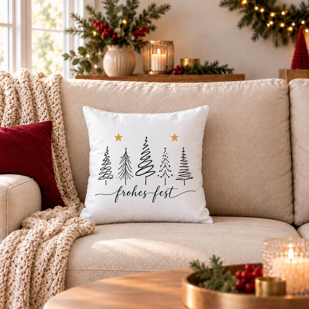 Weihnachtskissen 40x40 cm – 8 moderne Tannen & Weihnachtsmotive, Kissenbezug mit oder ohne Füllung