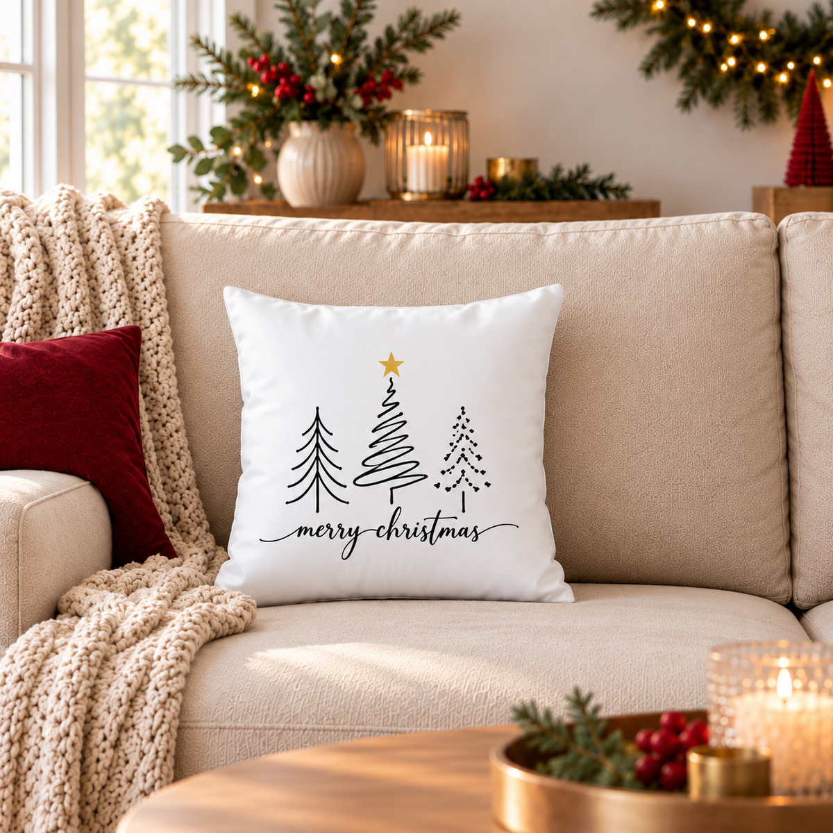 Weihnachtskissen 40x40 cm – 8 moderne Tannen & Weihnachtsmotive, Kissenbezug mit oder ohne Füllung