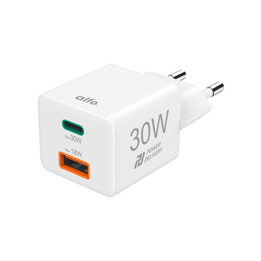alfo. Mini Charger weiß 30 W, PD, 1x USB-C + 1x USB-A, Schnellladegerät