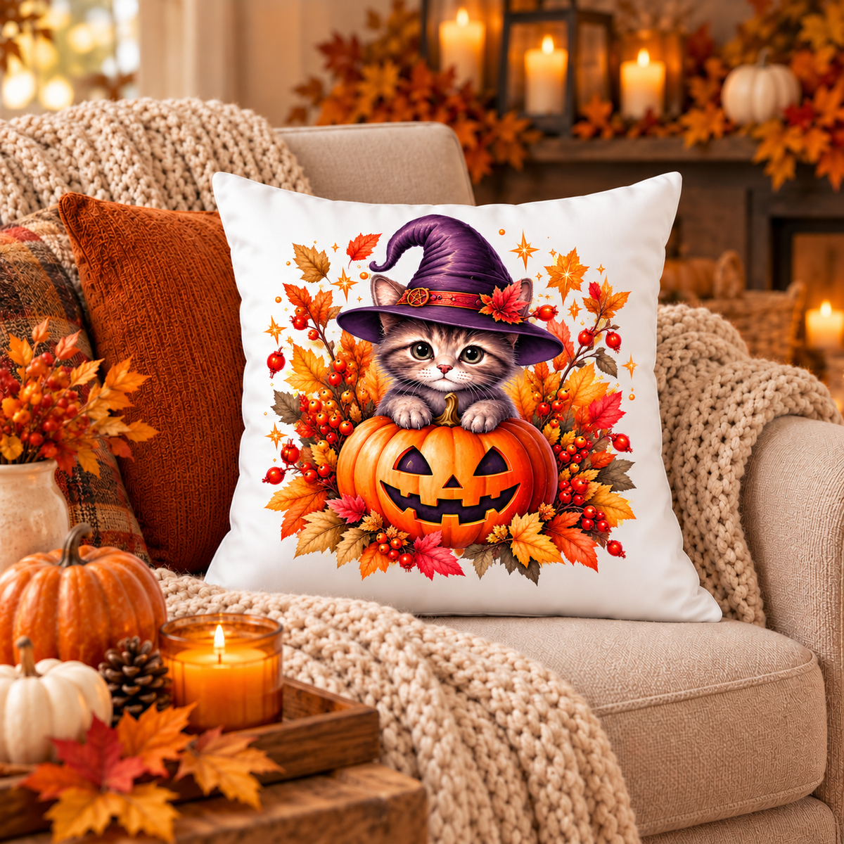 Halloween Kissen Katze 40x40 cm – Dekokissen mit Kürbis & Hexenhut, Herbstdeko
