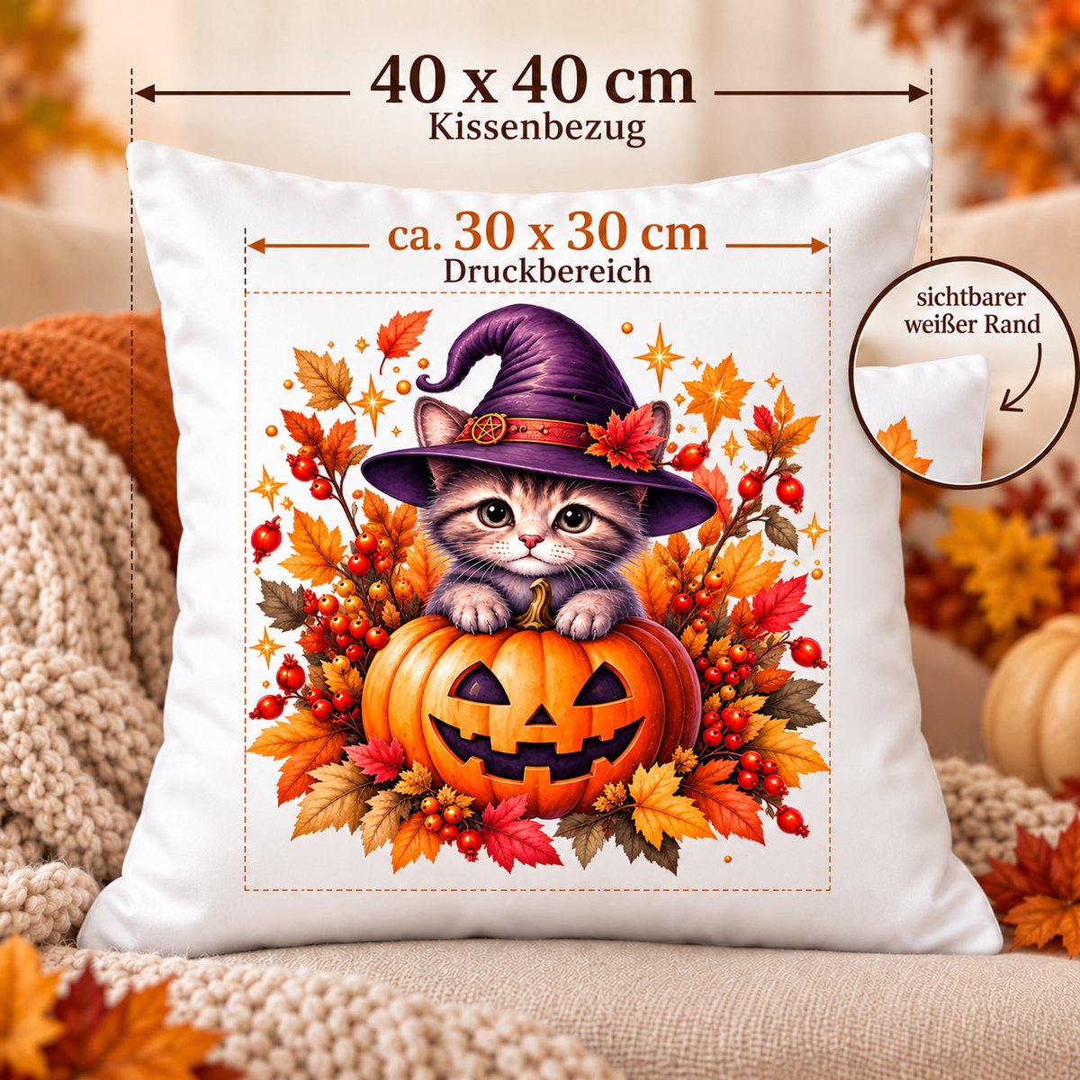 Halloween Kissen Katze 40x40 cm – Dekokissen mit Kürbis & Hexenhut, Herbstdeko