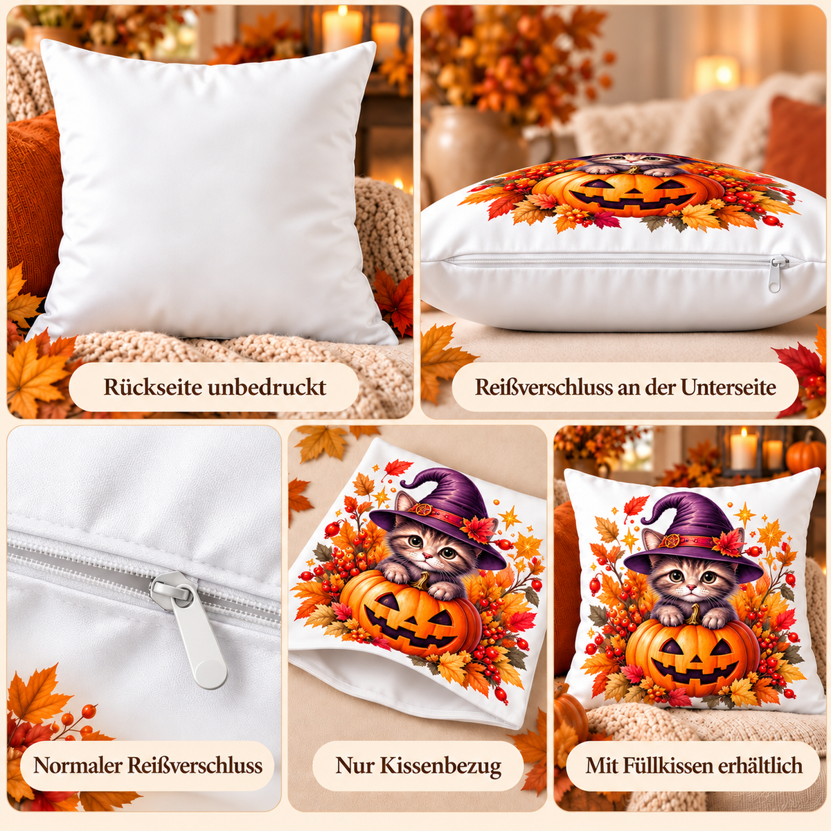 Halloween Kissen Katze 40x40 cm – Dekokissen mit Kürbis & Hexenhut, Herbstdeko